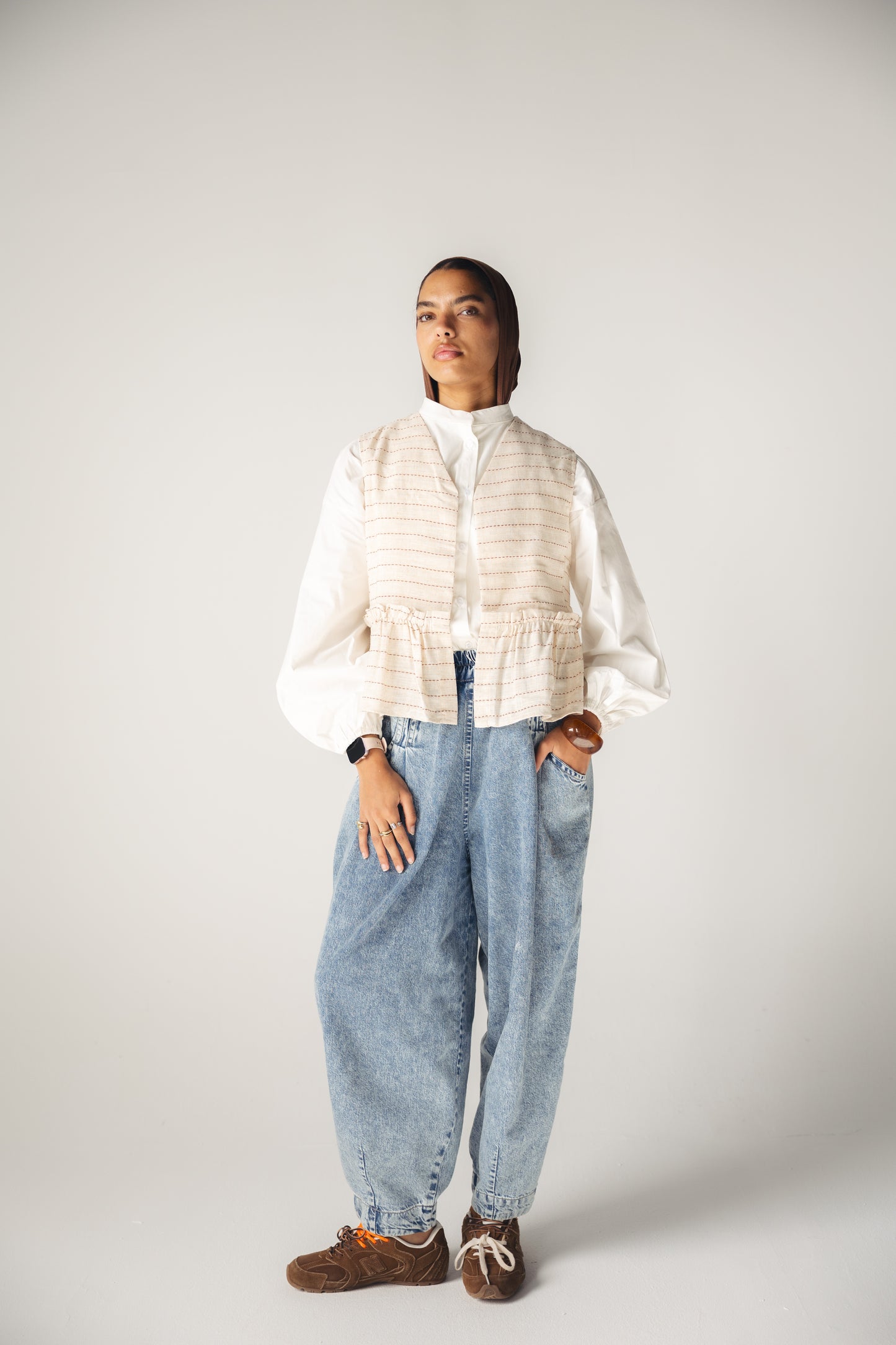 Lined Linen Vest - BEIGE X RED