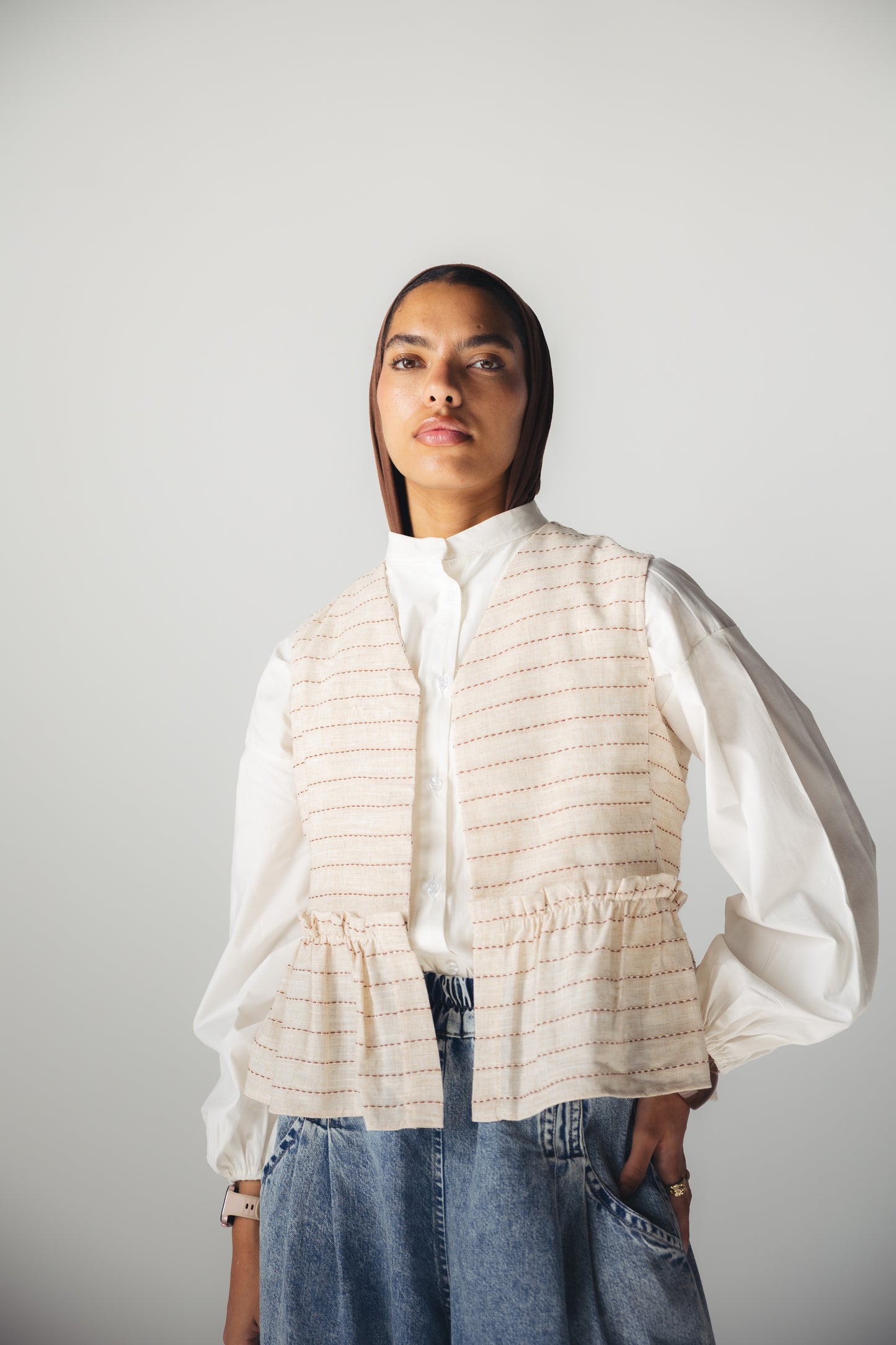 Lined Linen Vest - BEIGE X RED