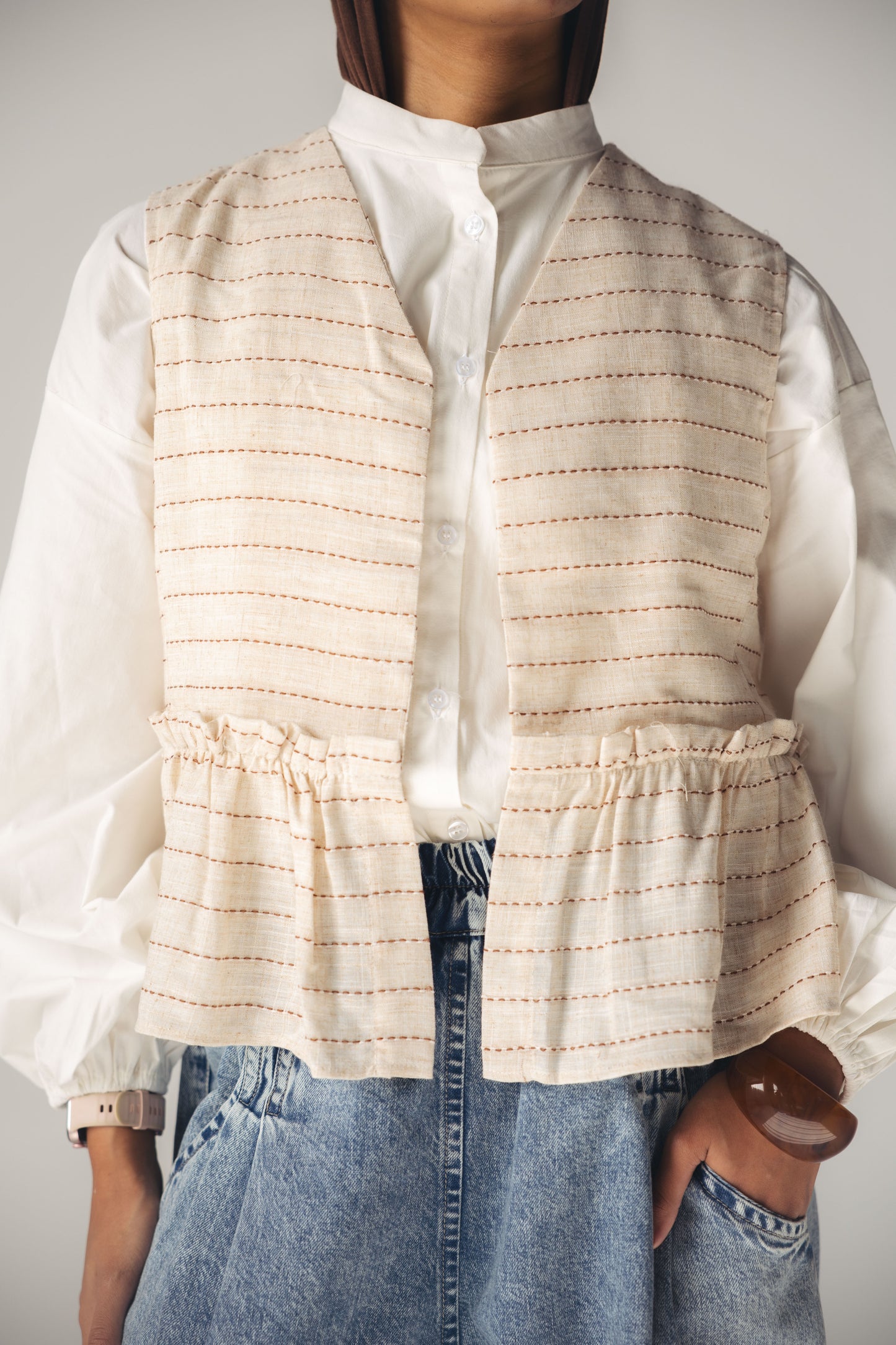 Lined Linen Vest - BEIGE X RED