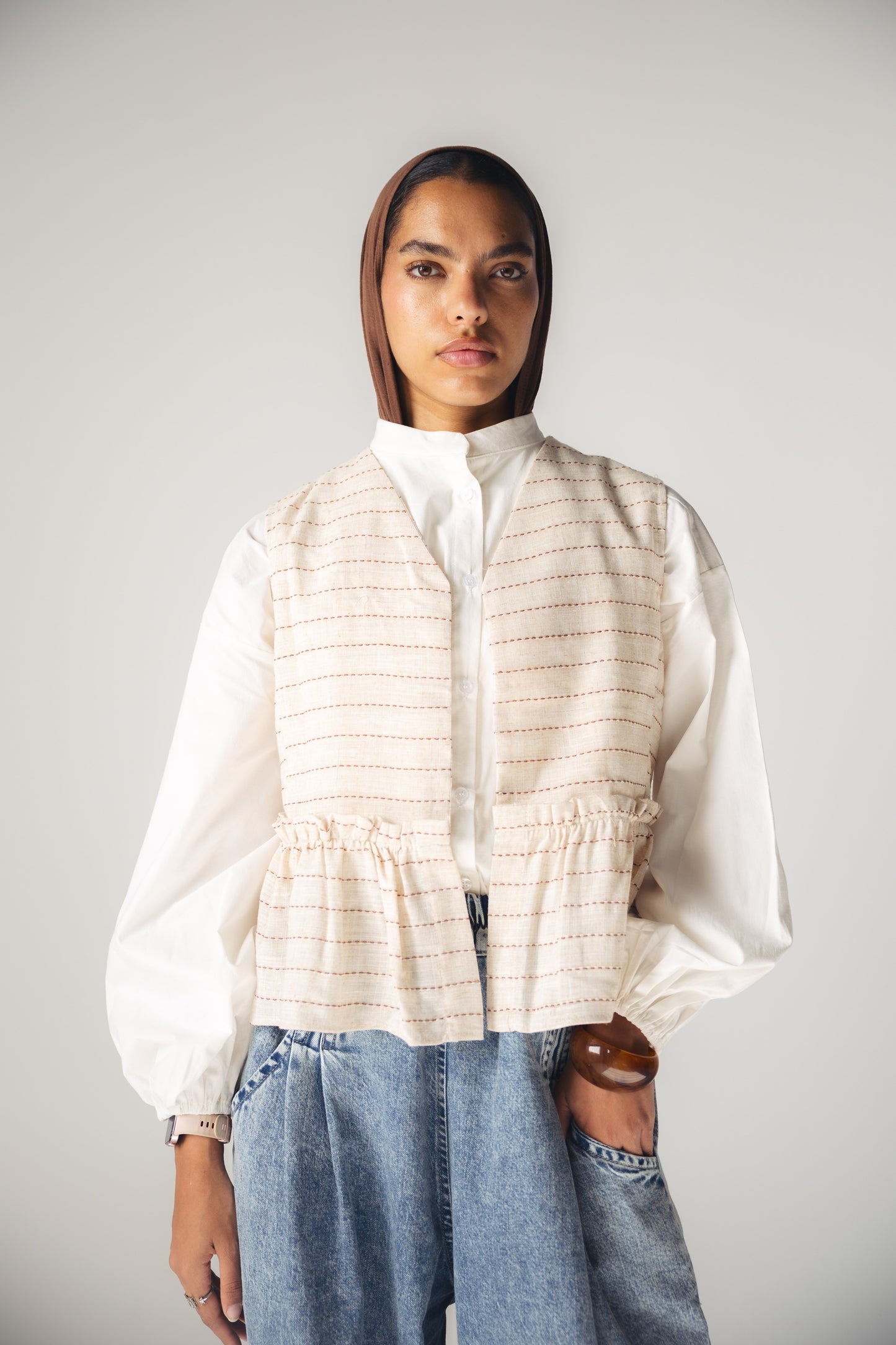 Lined Linen Vest - BEIGE X RED