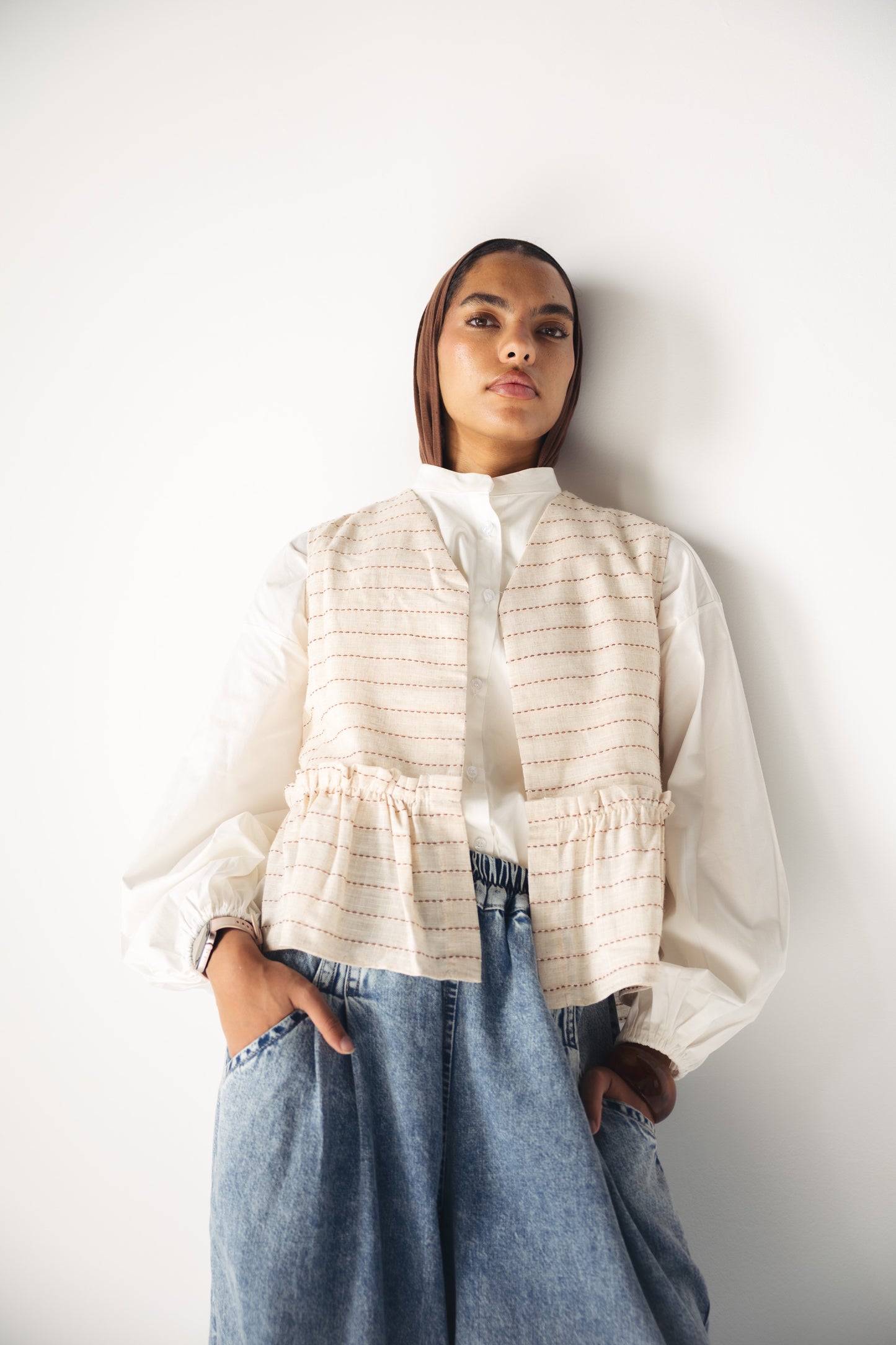 Lined Linen Vest - BEIGE X RED