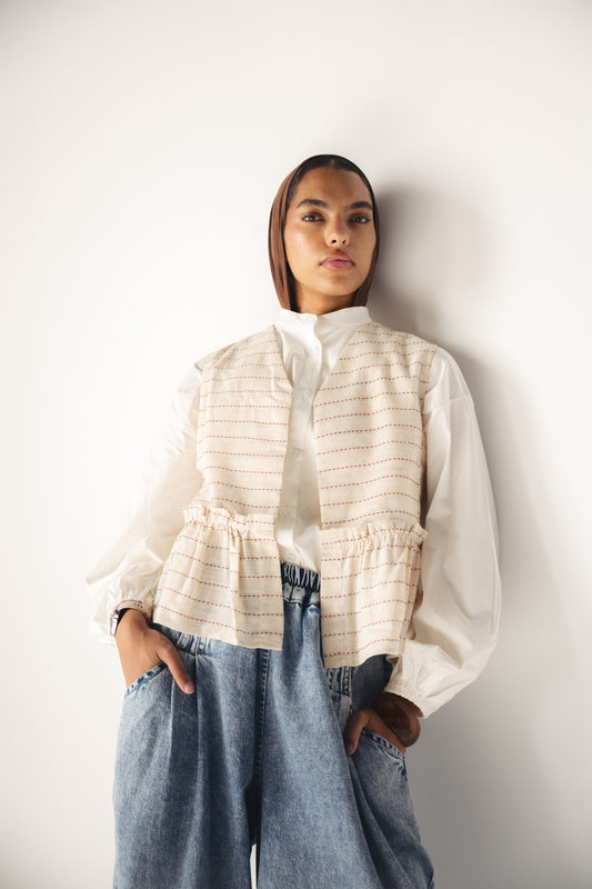 Lined Linen Vest - BEIGE X RED