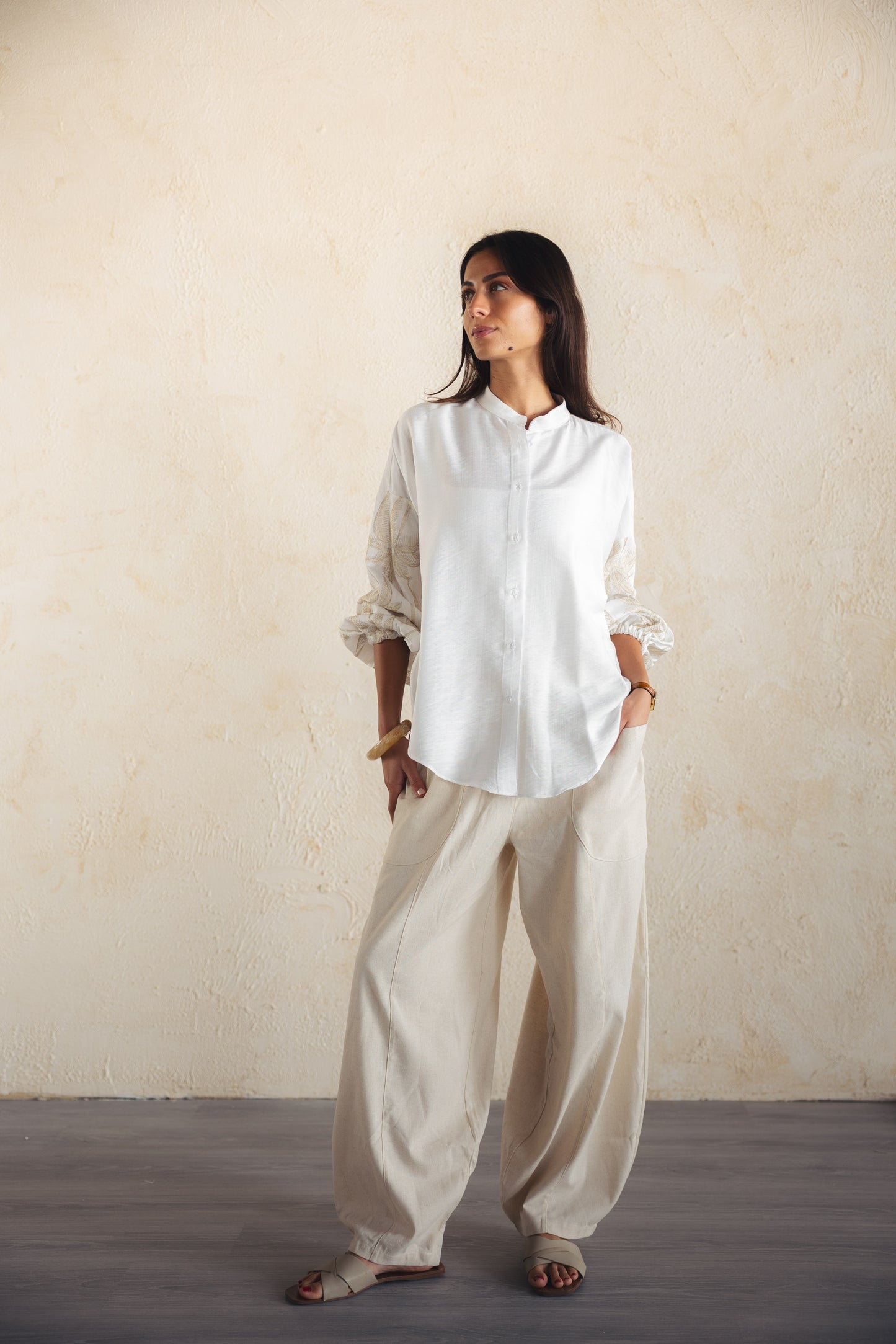 Tree Sleeves Linen Shirt - OFFWHITE