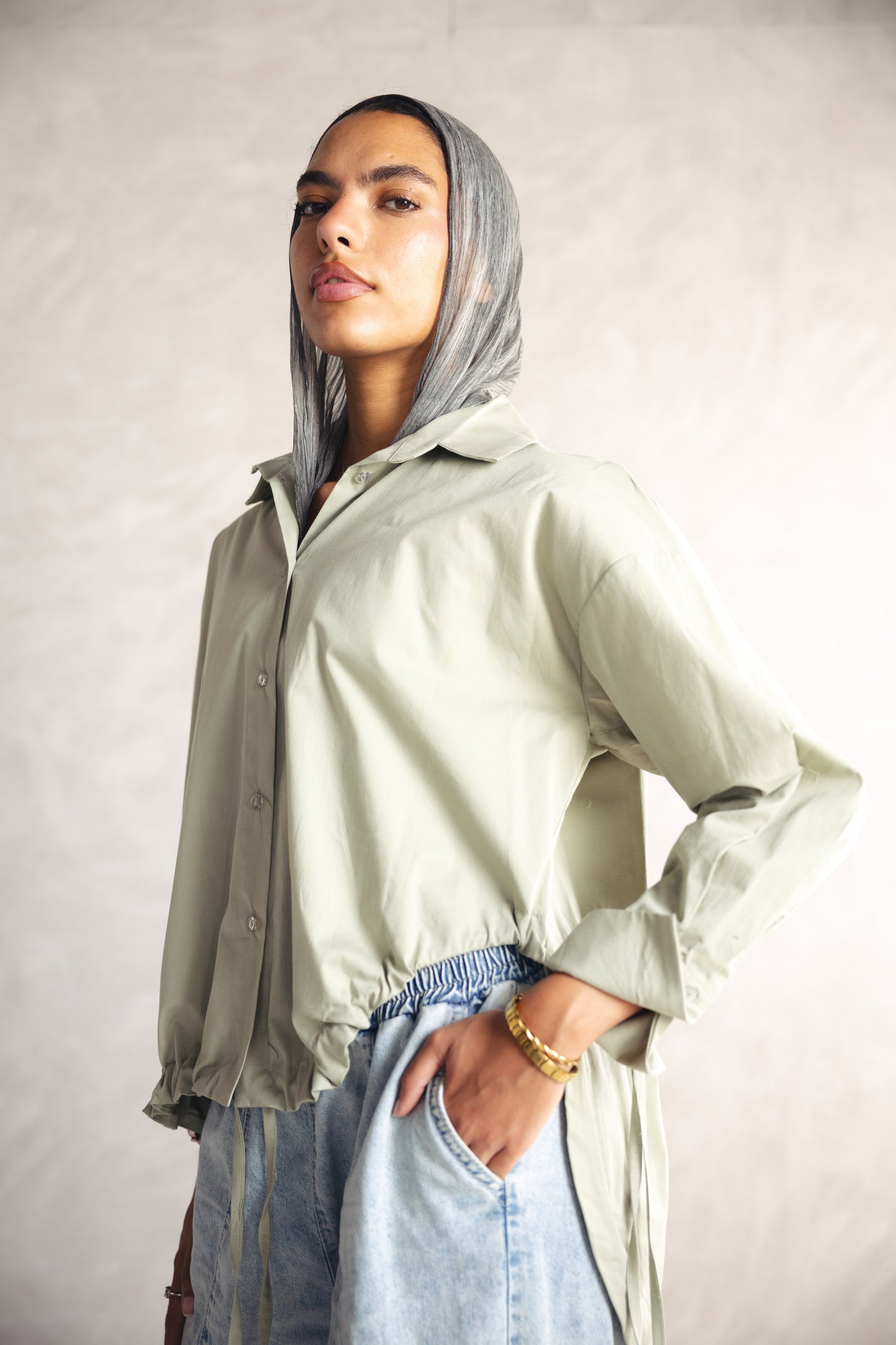 High Low Poplin Shirt - OLIVE