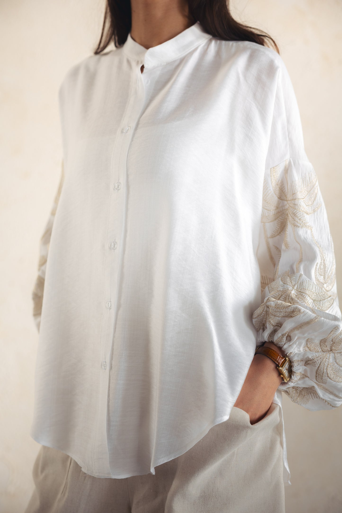 Tree Sleeves Linen Shirt - OFFWHITE