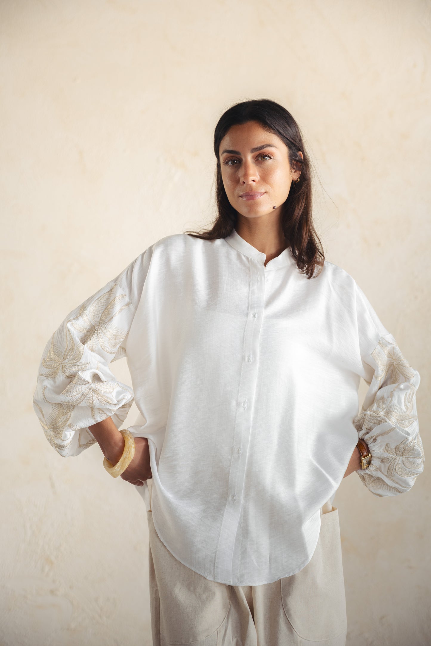 Tree Sleeves Linen Shirt - OFFWHITE