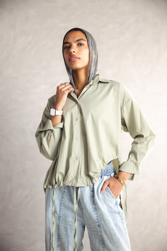 High Low Poplin Shirt - OLIVE