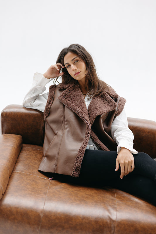 Leather Fur Vest - Brown