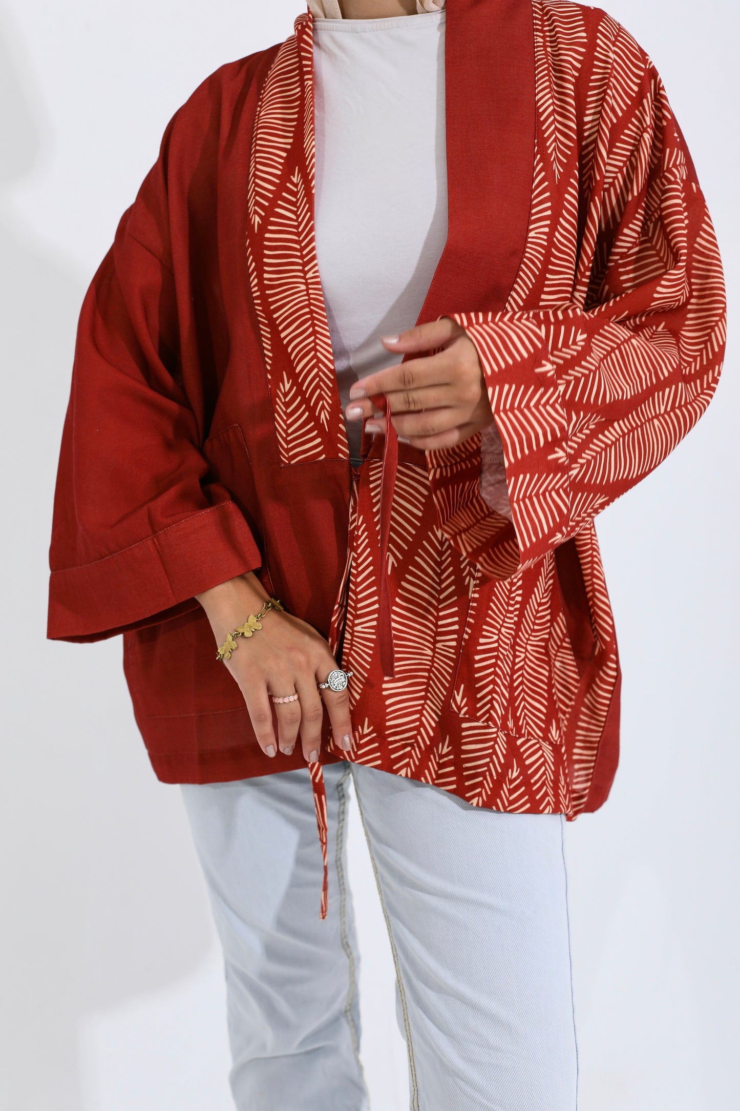 LINEN PRINTED KIMONO - MAROON