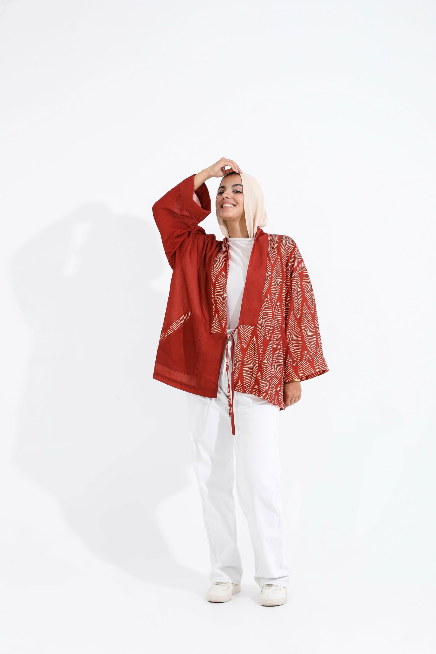 LINEN PRINTED KIMONO - MAROON