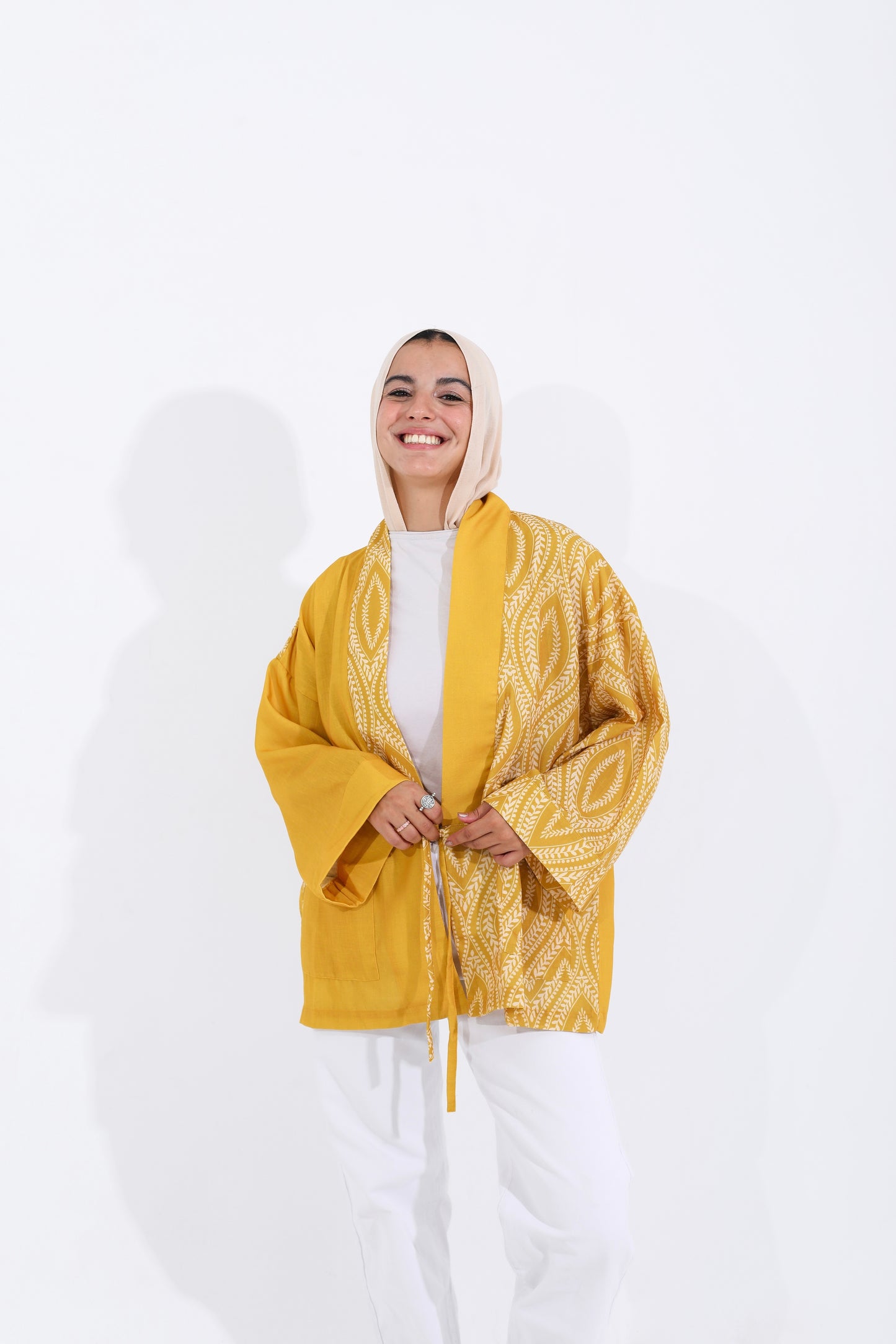 LINEN PRINTED KIMONO - YELLOW