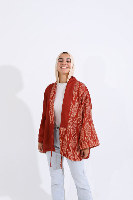 LINEN PRINTED KIMONO - MAROON