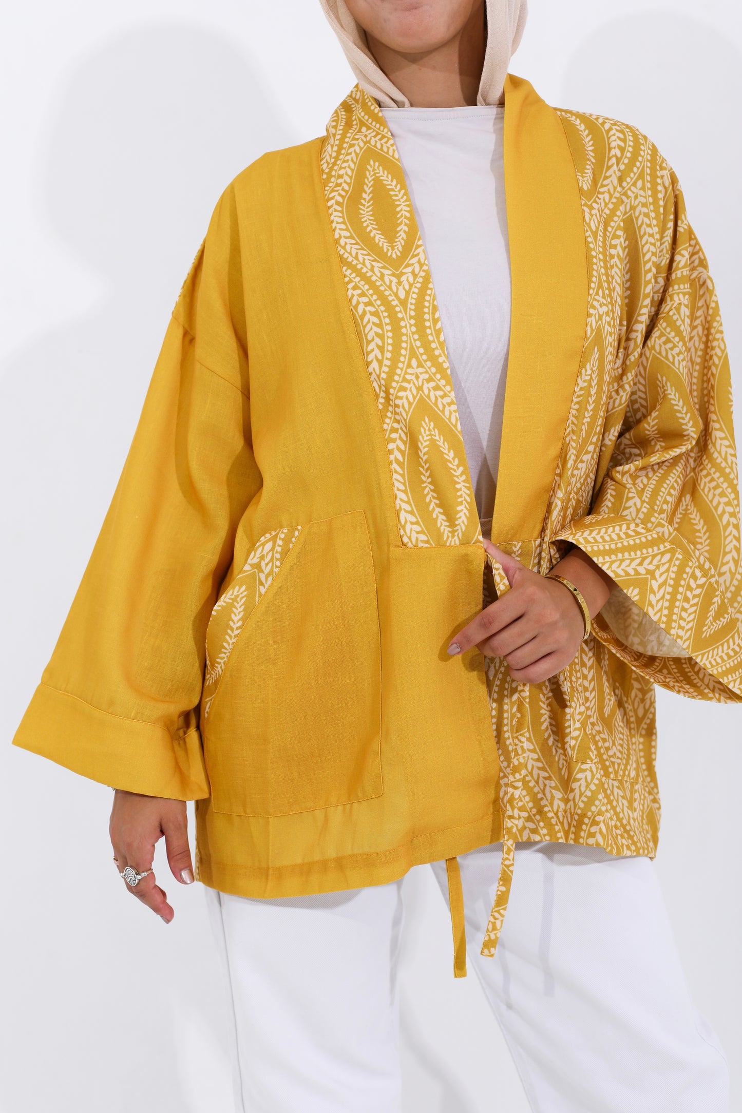 LINEN PRINTED KIMONO - YELLOW