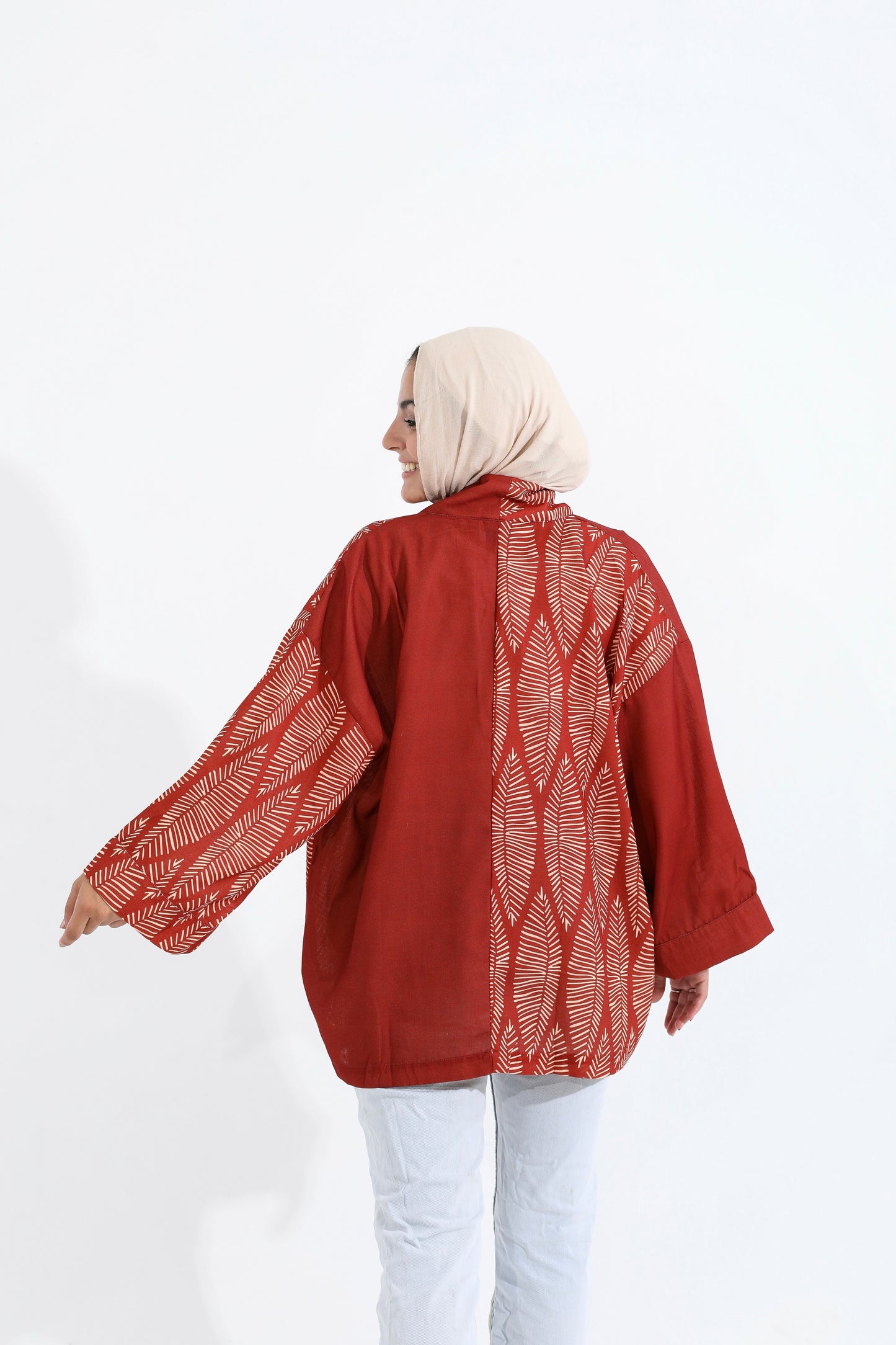 LINEN PRINTED KIMONO - MAROON